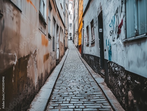 Obraz na płótnie A narrow, cobblestone alleyway between weathered buildings. w salonie