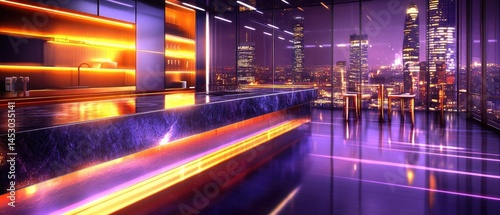 Obraz na płótnie Stylish, illuminated urban penthouse bar. w salonie