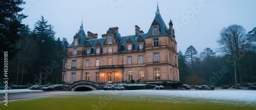 Large European castle in winter snowfall.