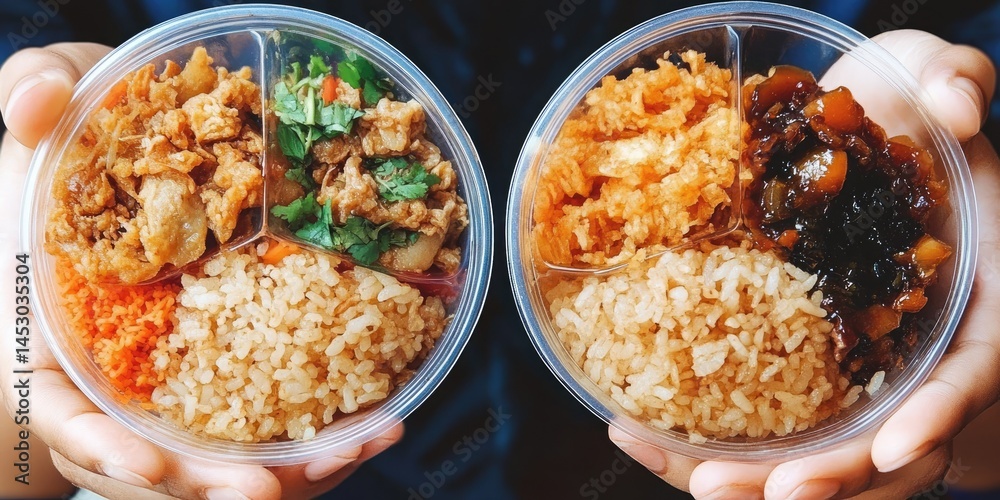 Divided meal portions in transparent containers.