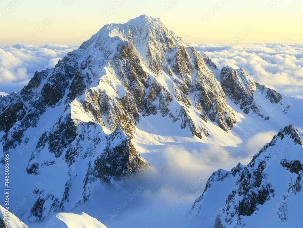 Majestic snow-capped mountain peak above swirling clouds.