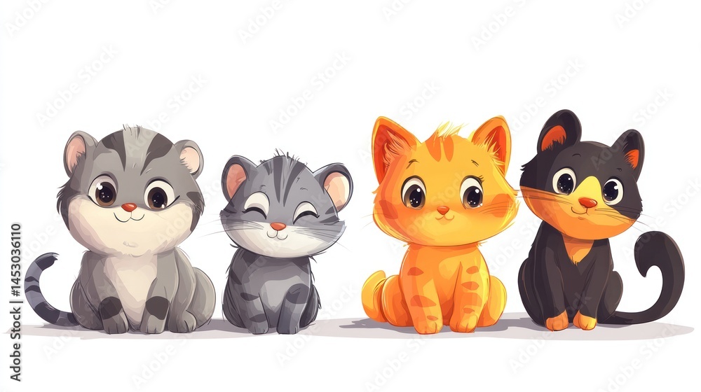 Fototapeta premium Four cute cartoon cats, sitting in a row