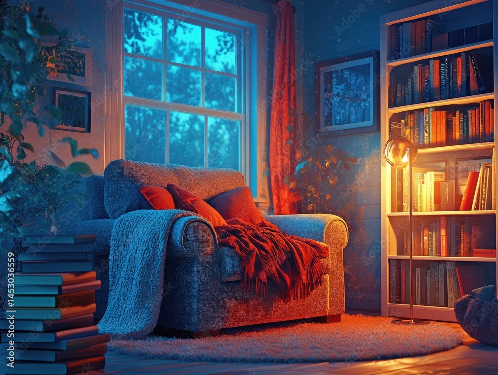 Cozy interior scene at night with warm lighting.
