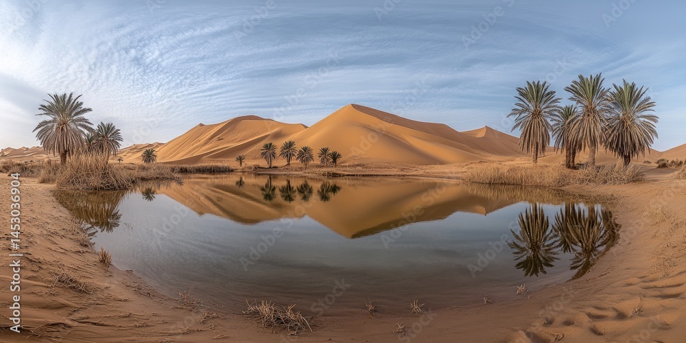 Serene oasis reflecting desert dunes in tranquil light.