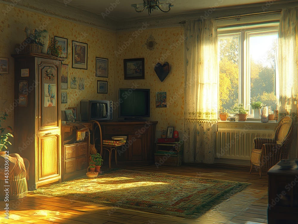 Sunlit interior room, filled with vintage charm.