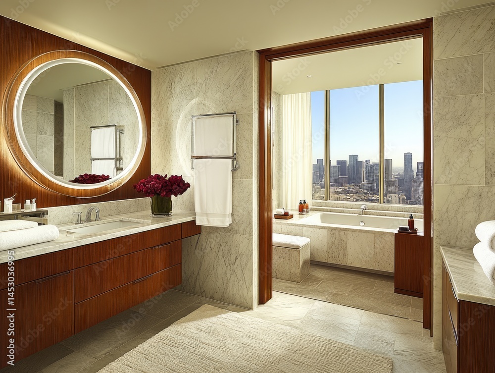 Luxurious, modern bathroom suite with city view.