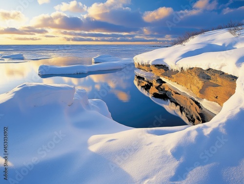 Stunning winter landscape at dawn by the icy shore.