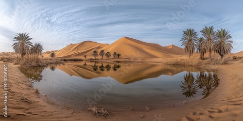 Obraz na płótnie Serene oasis reflecting desert dunes in tranquil light. w salonie