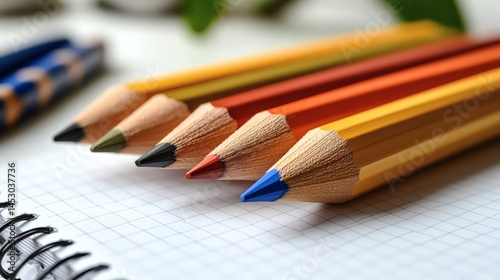 Sharp, multi-colored drawing pencils arranged on notebook paper with visible grid, lead points, and wood texture. on a transparent background, PNG image, PNG file. photo