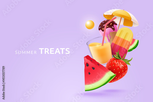Colorful summer treats illustration featuring ice cream, fruit, and a beach umbrella. 3d style. Ideal for summer promotions, food blogs, or vibrant designs.