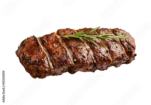 Juicy Grilled Steak with Fresh Rosemary Garnish on White Background