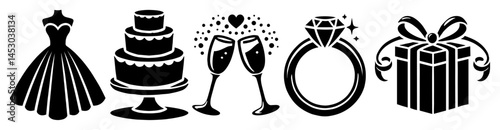 wedding icon set with dress cake champagne ring and gift in black and white vector