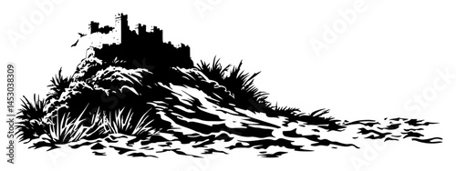 medieval castle on hilltop in vintage black and white style