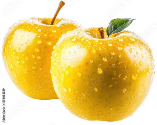 Fresh Yellow Apples Covered in Water Droplets on White Background