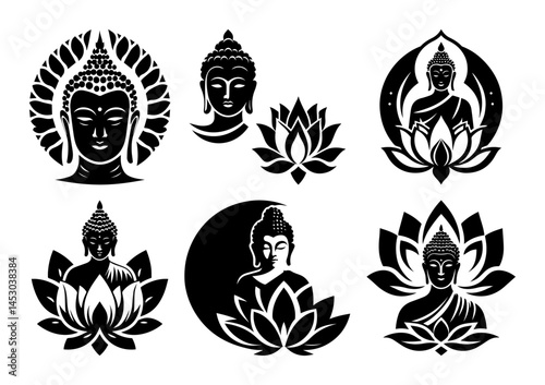 set of buddha heads and lotus flowers in spiritual meditation poses silhouette