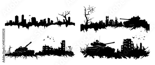 set of war-torn cityscapes with tanks and destroyed buildings silhouette