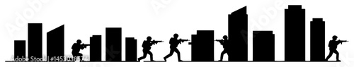 armed soldiers in urban combat zone silhouette
