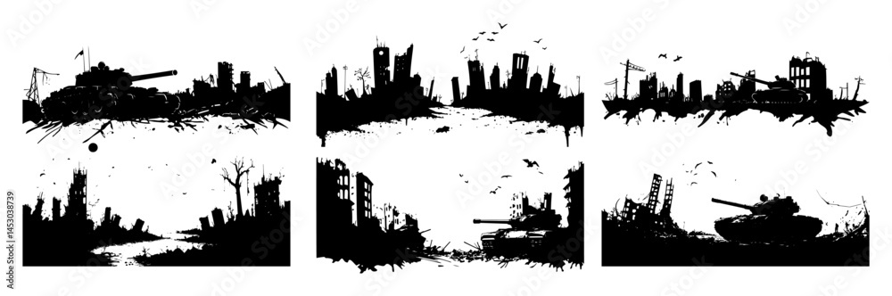 Obraz premium collection of destroyed cityscapes with tanks and ruins silhouette