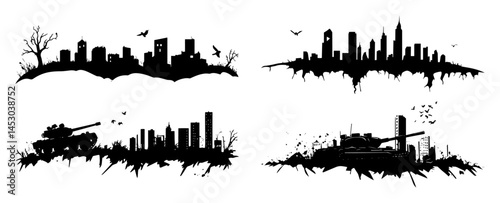 war and destruction scenes with city skylines and tanks silhouette