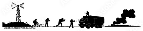 modern battlefield scene with soldiers and military vehicle silhouette