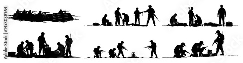 set of soldiers in combat and field operations silhouette