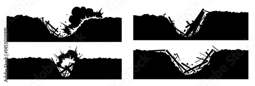 set of battlefield trenches and explosions silhouette