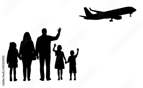 family waving at airplane in the sky silhouette