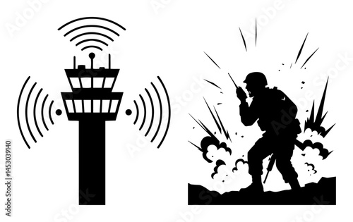 military radio communication and control tower with explosions silhouette