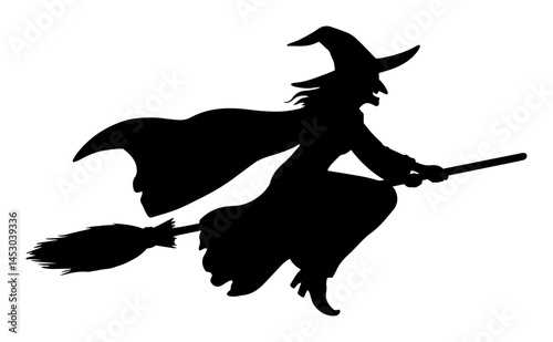 silhouette of flying witch on broomstick