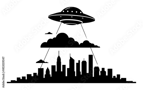 ufo flying over city skyline with light beams and clouds