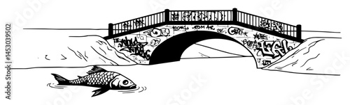 polluted river with dead fish and graffiti-covered bridge