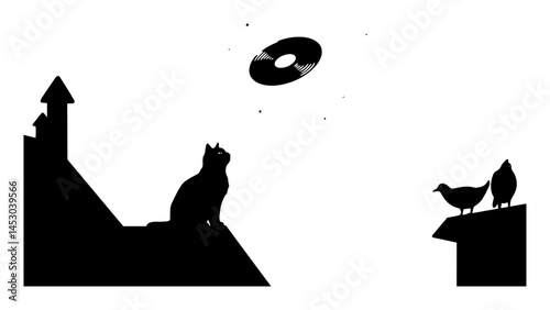 cat and birds on rooftops watching flying vinyl record