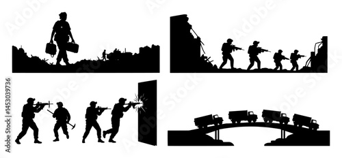 military operations scenes with soldiers and vehicles in silhouette