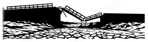 collapsed bridge over dry cracked ground silhouette vector