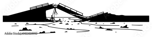 collapsed broken bridge over river laser cutting shape vector