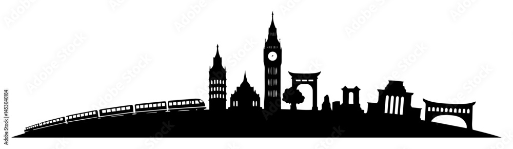 Fototapeta premium world landmarks skyline with train silhouette vector engraving shape