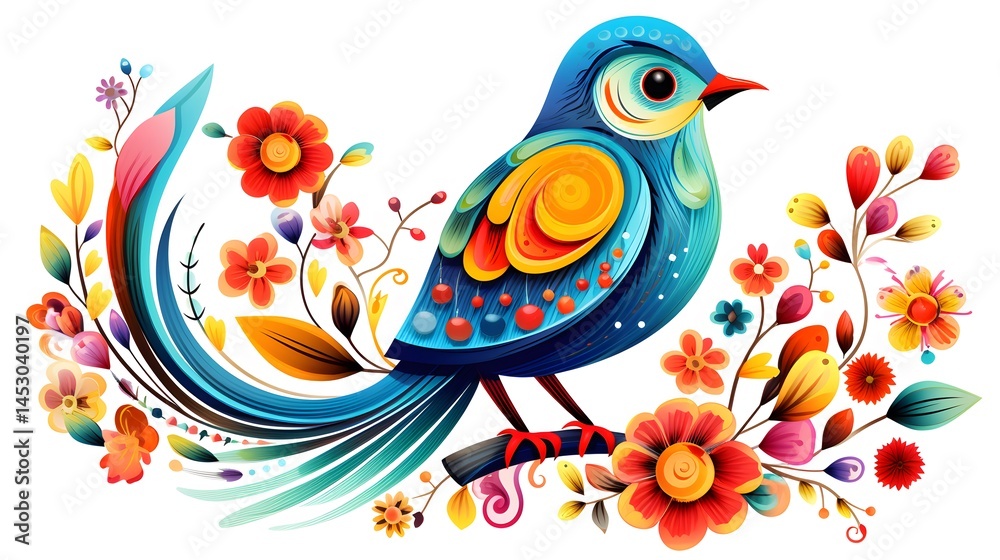 Obraz premium Colorful Bird with Floral Pattern on White Background for Nature-themed Designs