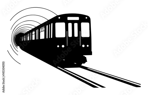 subway train emerging from tunnel silhouette vector engraving shape