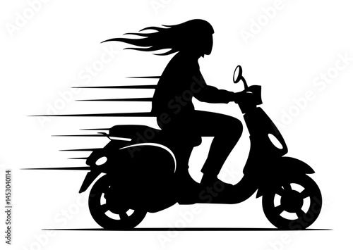 woman riding scooter with speed lines silhouette vector engraving shape
