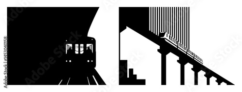subway and elevated train transportation silhouette vector engraving shape