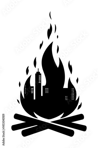 city skyline burning in campfire silhouette vector engraving shape