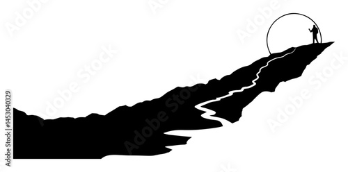 hiker on mountain peak with path silhouette vector black