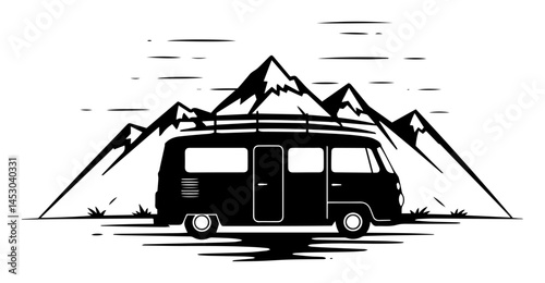 camper van in mountains silhouette vector black
