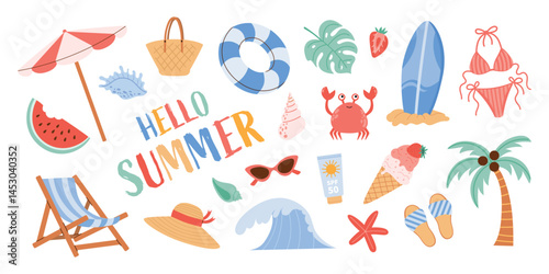 Summer vector illustration set. Cute beach elements: sun umbrella, swim ring, palm tree, sunglasses, bikini, ice cream, seashells, watermelon, crab. Holiday collection in flat style, isolated on white