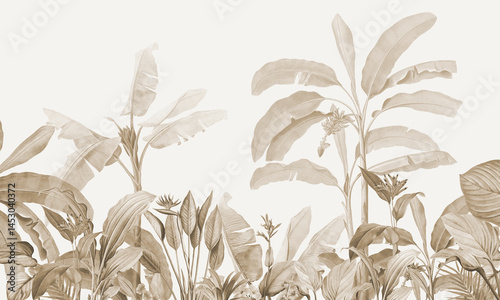 Fototapeta Naklejka Na Ścianę i Meble -  Vintage Sepia Jungle Scene with Tropical Palm Trees and Dense Foliage – Botanical Wall Art Illustration