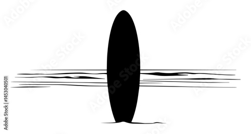 surfboard on beach with ocean waves silhouette