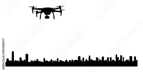 drone flying over city skyline silhouette