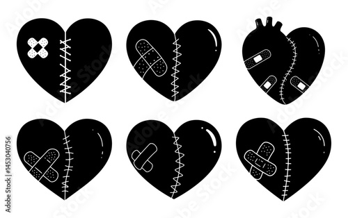 broken hearts stitched and patched with pills and bandages silhouette