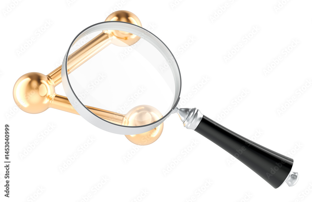 Gold Share icon with loupe. 3D rendering isolated on transparent background