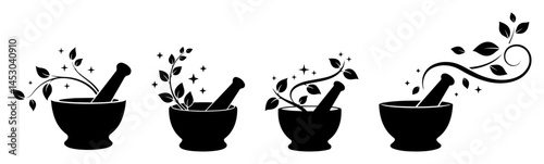 mortar and pestle with growing herbal plants in silhouette series